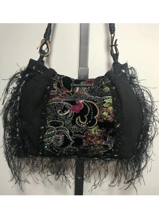 Mary Frances Handbags - New MARY FRANCES Embroidered Black Beaded Fringe Purse! black purple